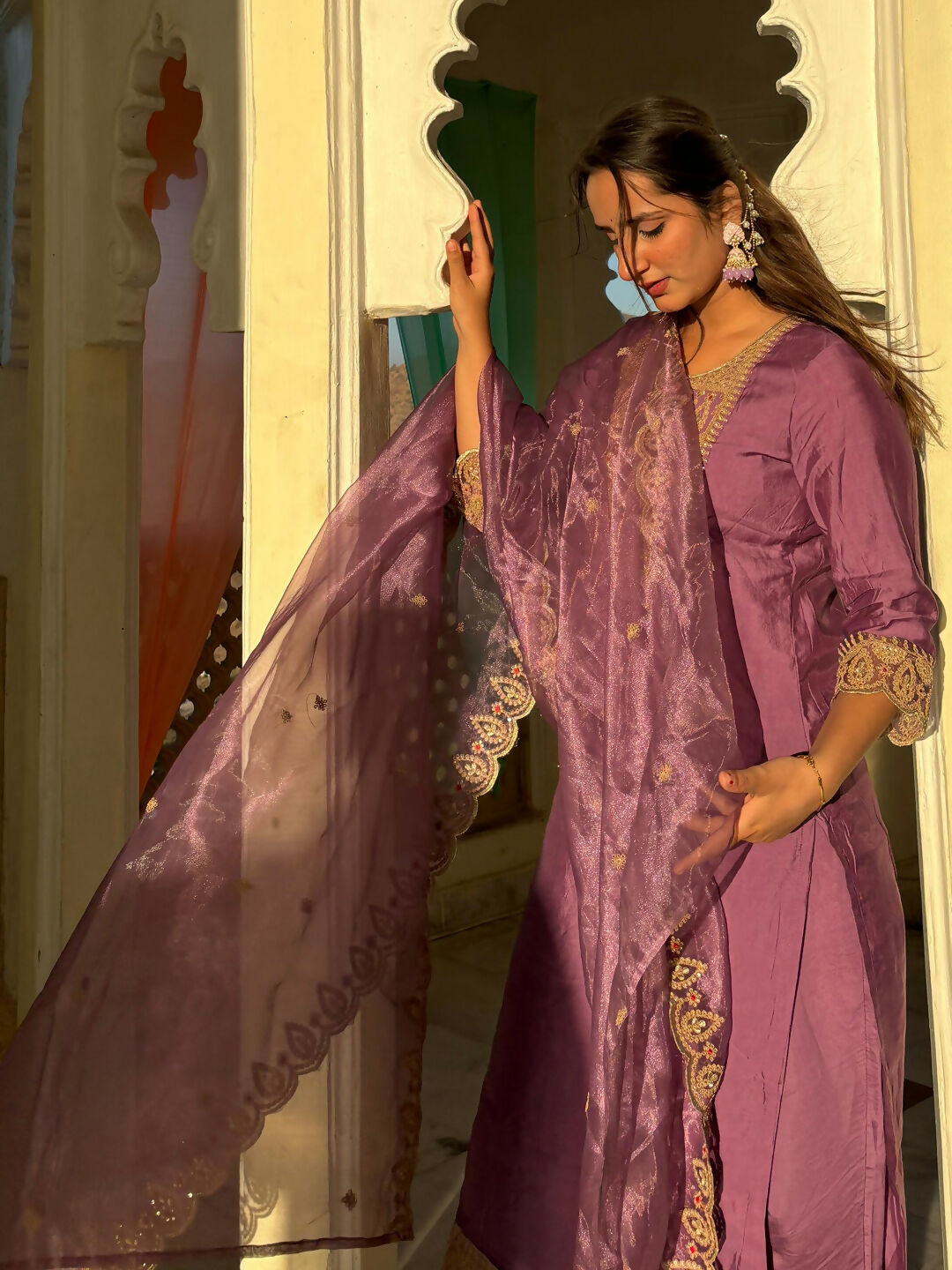 Vellora Dusty Mauve Silk Blend Stylish Embroidered Salwar Suit | Grocsy