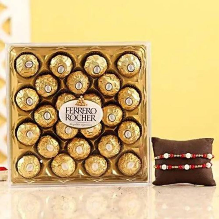 Two Pearl Rakhis & Ferrero Rocher Box | Grocsy