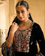 Anaita Black Embroidered Velvet Stitched Plazo Suit | Grocsy