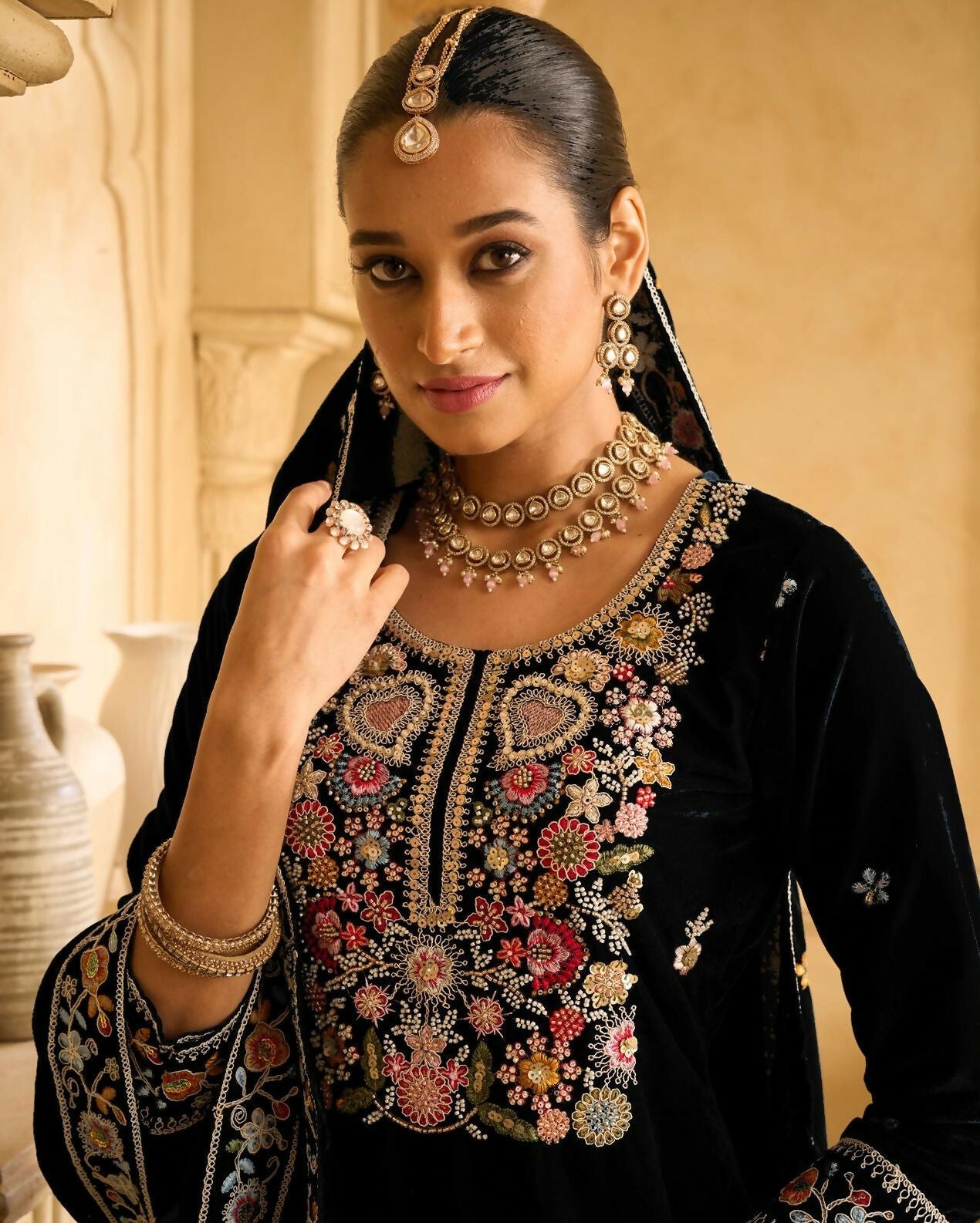 Anaita Black Embroidered Velvet Stitched Plazo Suit | Grocsy