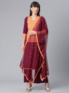Ahalyaa Wine Crepe Solid Kurta Palazzo Set With Printed Dupatta | Grocsy