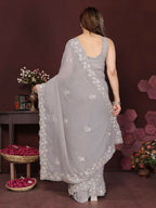 PR Fashion Grey Georgette Embroidery Work With Embroidery Work Blouse Saree | Grocsy