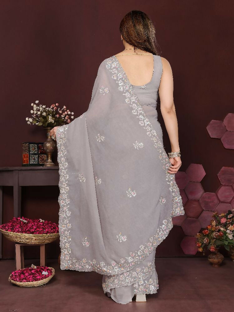 PR Fashion Grey Georgette Embroidery Work With Embroidery Work Blouse Saree | Grocsy