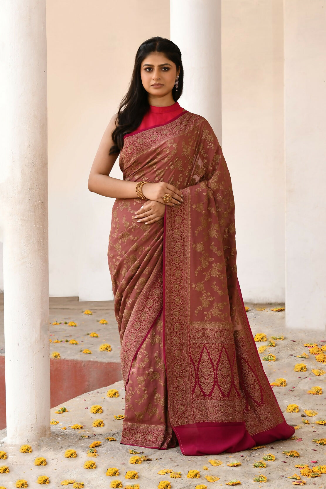 Joban Fashion Rouge Pink Crepe Chiffon Pure Handloom Banarasi Silk Saree | Grocsy