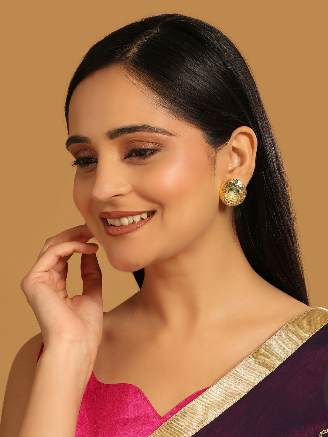Nuyug 22K Gold-Plated Faux Emerald Stones Studded Circular Floral Shaped Motif Studs | Grocsy