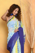 Very Much Indian Tie & Dye Handloom Mul Cotton Saree - Blue Green | Grocsy