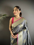 Joban Fashion Grey Woven Butti Soft Silk Banarasi Silk Saree | Grocsy