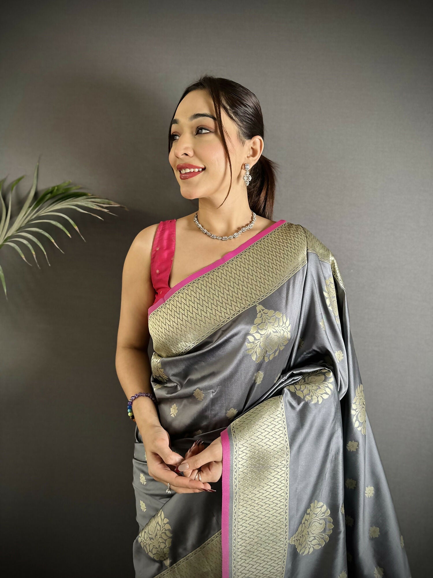 Joban Fashion Grey Woven Butti Soft Silk Banarasi Silk Saree | Grocsy