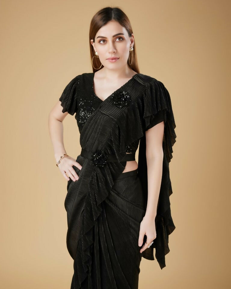 Black Imported Crush Solid Ready to Wear Saree with stitched Blouse - Aayan | Grocsy
