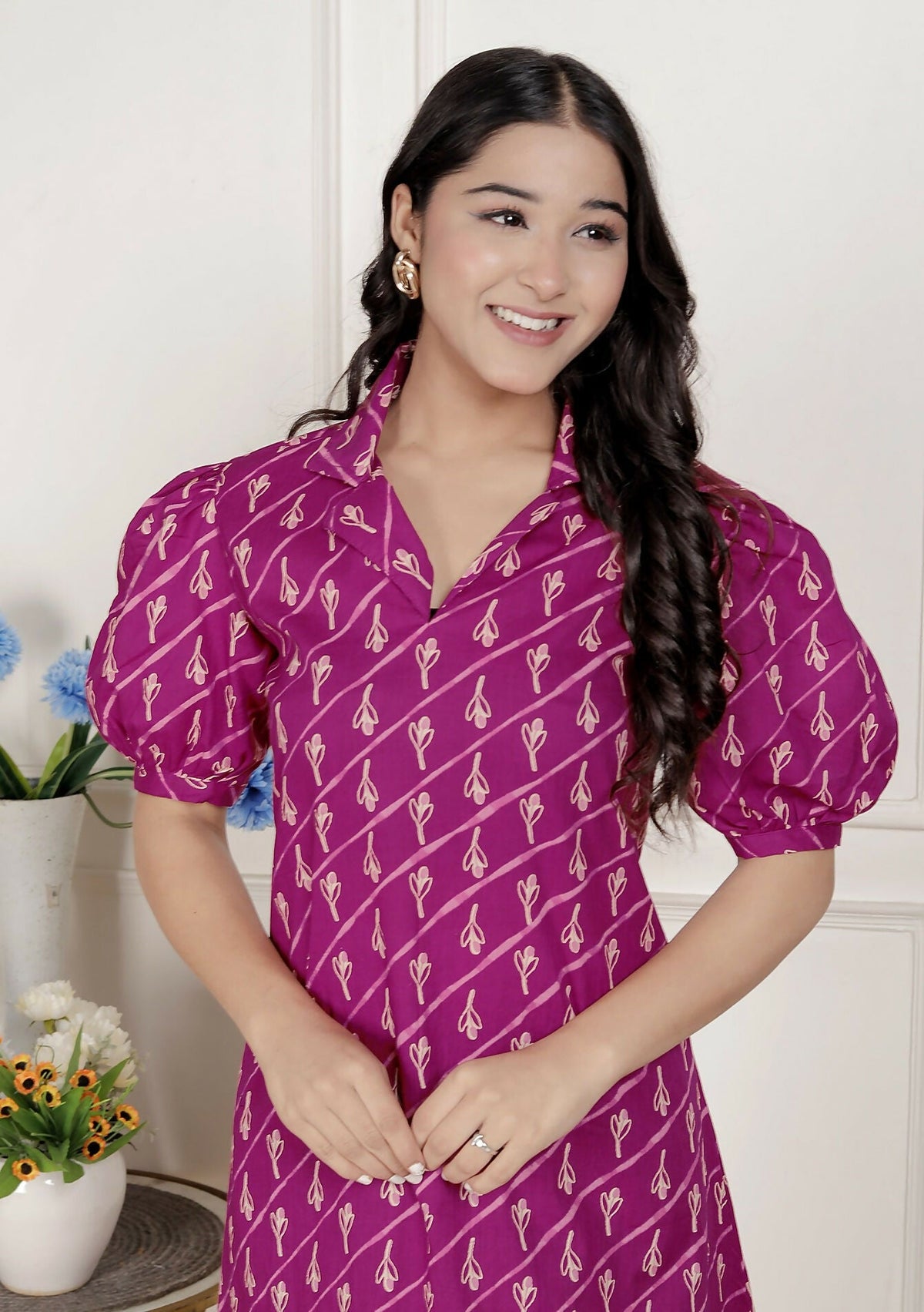 Miravan Womens Magenta Floral Printed Cotton Dress With One Side Pocket | Grocsy