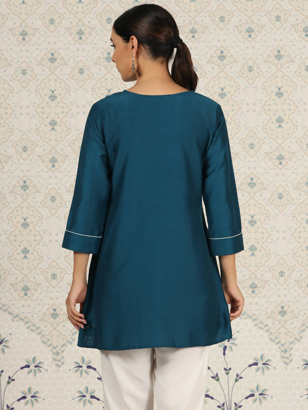 Teal Chinon Embroidered Straight Top - Zeny | Grocsy