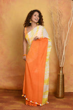 Very Much Indian Tie & Dye Handloom Mul Cotton Saree - Orange Yellow | Grocsy