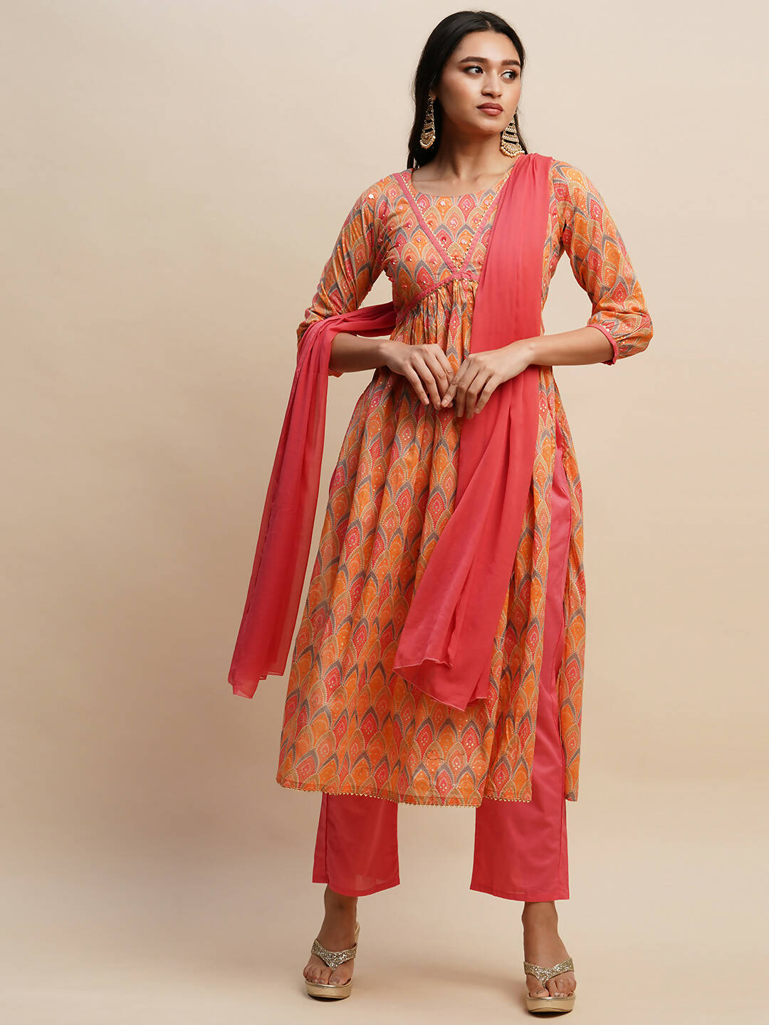 Orange Pure Cotton Bandhani Printed Naira Cut Kurta And Bottom With Dupatta - Akashara | Grocsy