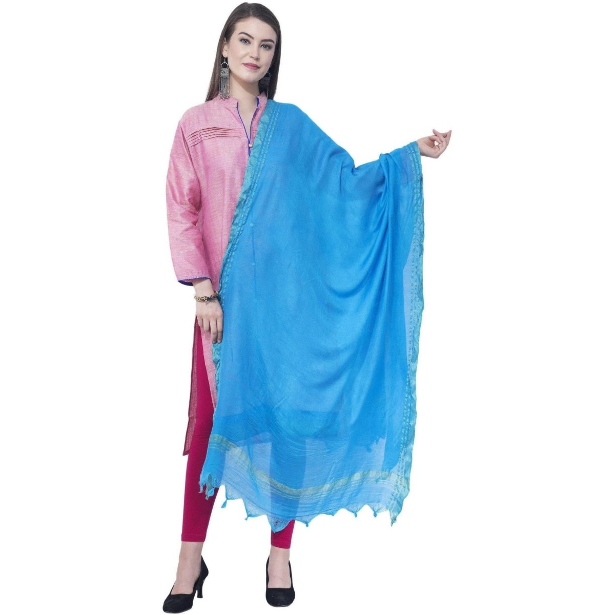 A R Silk Dark Sky Blue Color Golden Border Cotton Dupatta | Grocsy