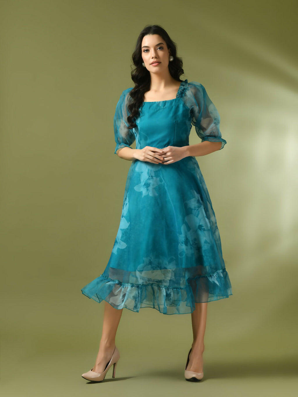 Myshka Women's Teal Printed Square Neck Fit and Flare Party Dress | Grocsy