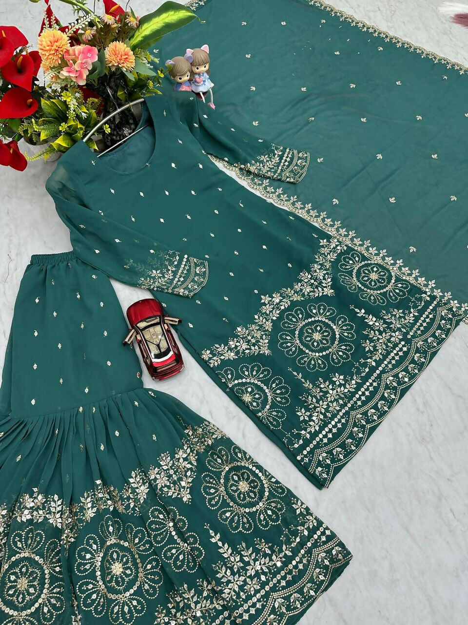 Teeya Creation Womens New Heavy Fox Georgette Fabric With Heavy Embroidery Work Light-Green Kurta Set | Grocsy