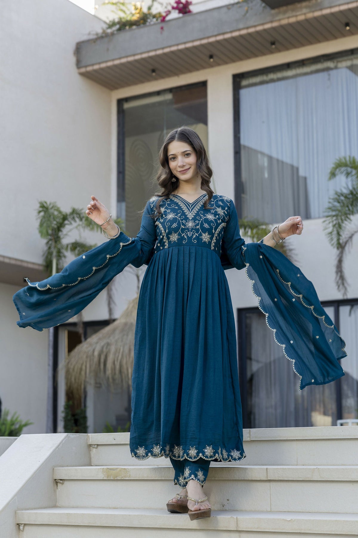 The52 Women's Beautiful Embroidery Work Vichitra Silk Fabric Flared Anarkali Pant and Dupatta Set | Grocsy