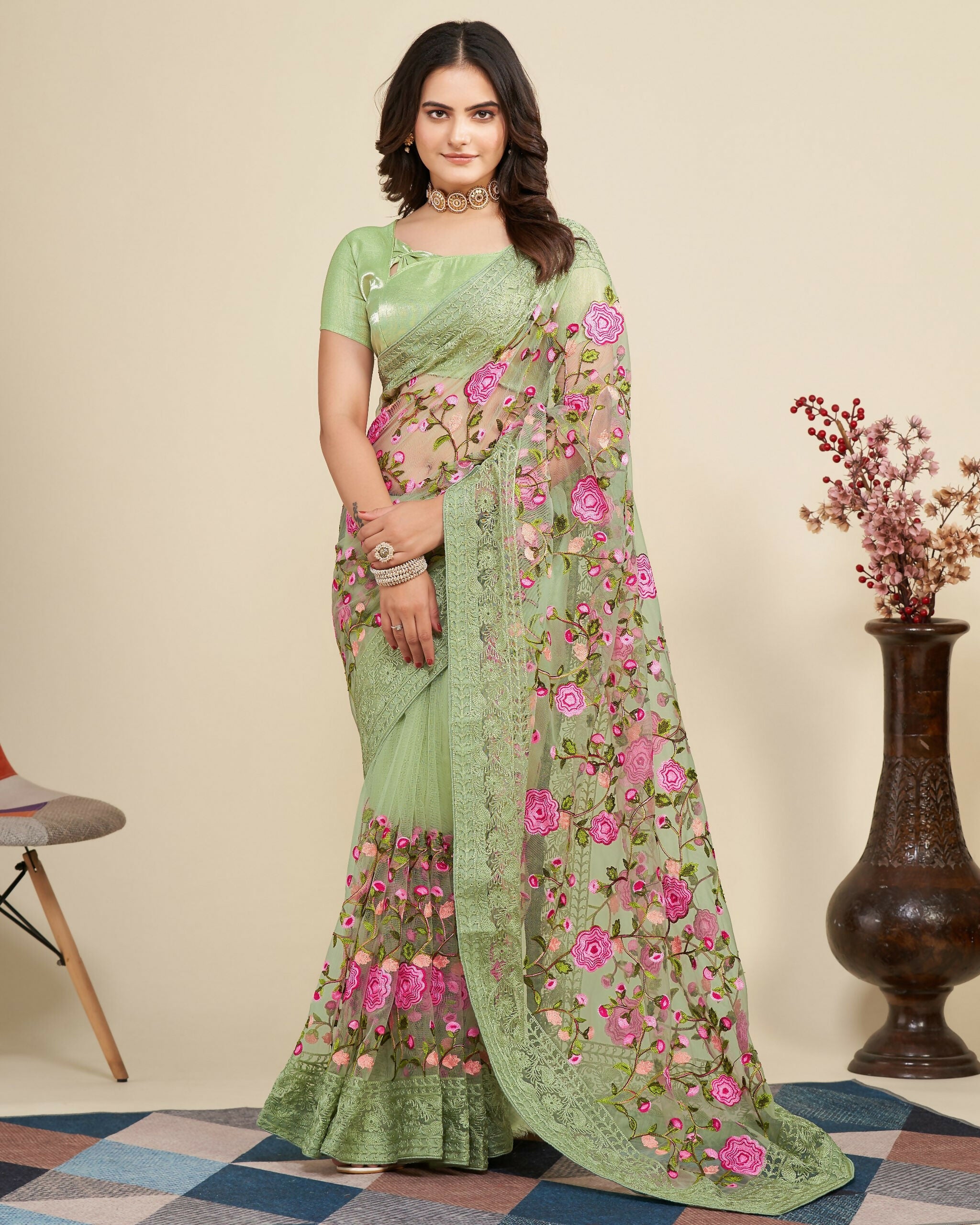 Teeya Creation Womens Latest Stylish Party Wear Soft Net Saree-Green | Grocsy