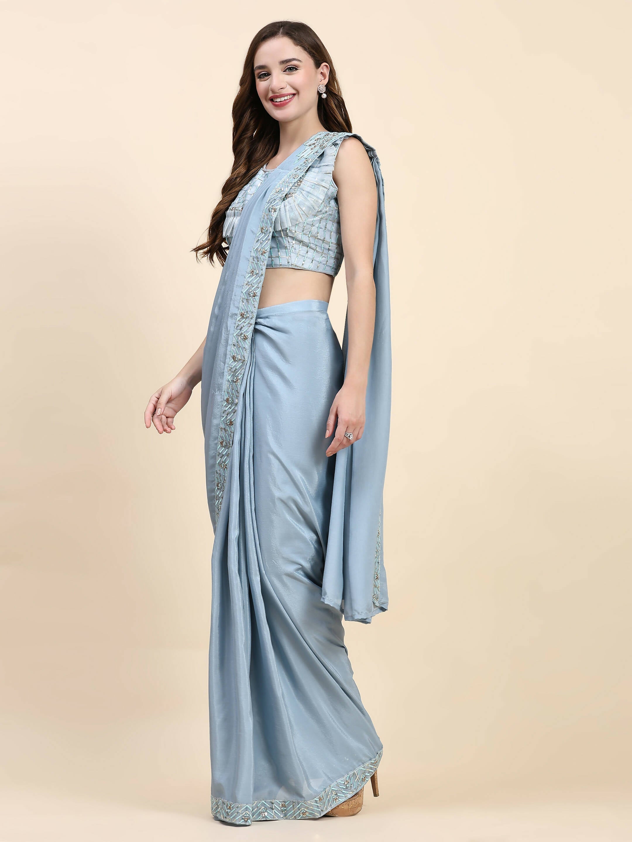 Blue Silk Satin Solid Ready to wear Saree with stitched Blouse - Satiksha | Grocsy