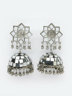 NVR Women Silver Mirror Oxidised Brass-Plated Jhumka Earrings | Grocsy