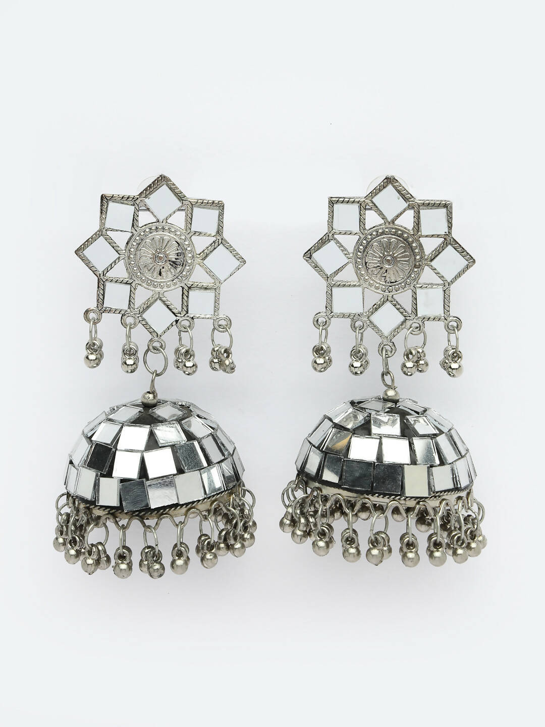 NVR Women Silver Mirror Oxidised Brass-Plated Jhumka Earrings | Grocsy