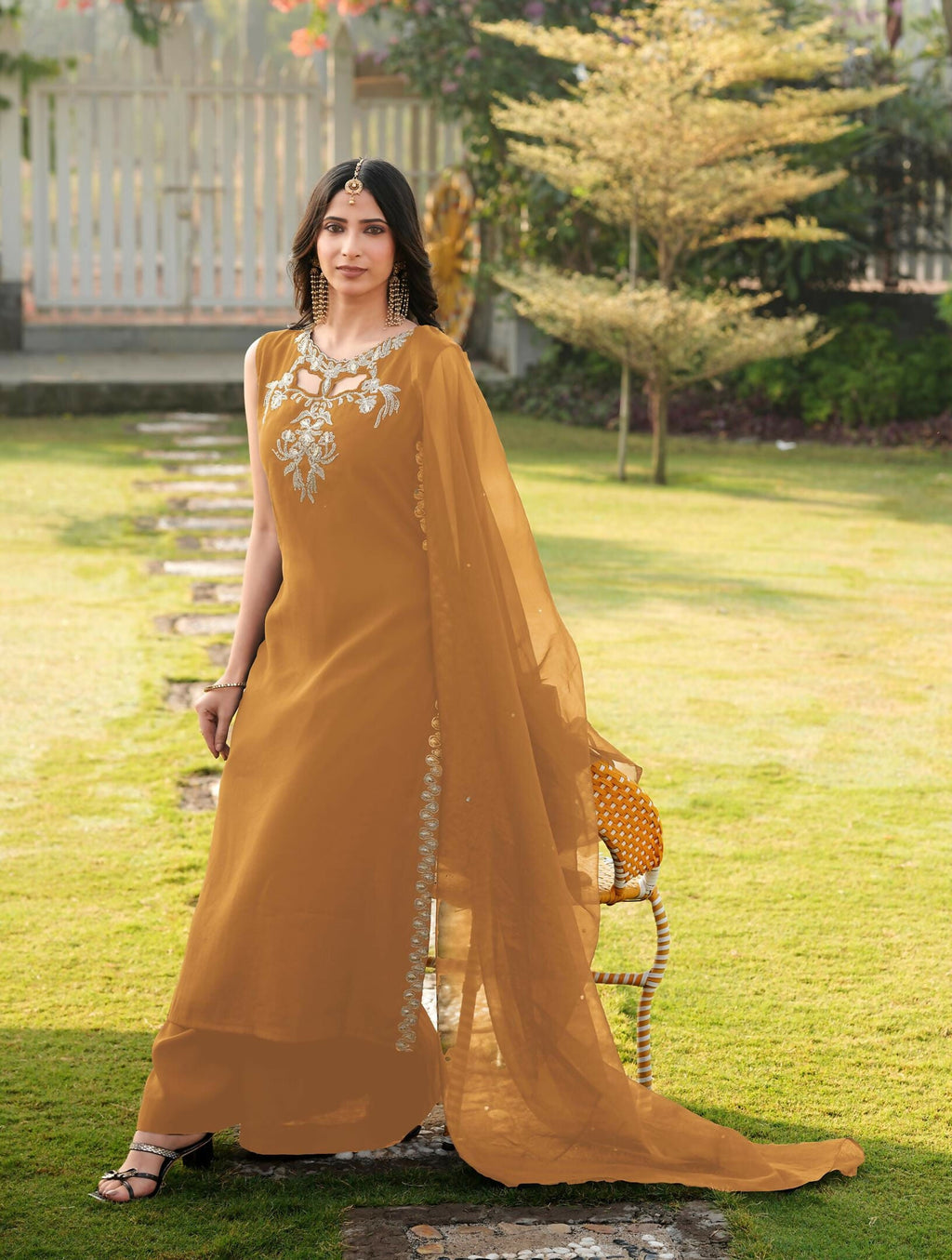 Nikhaar Light Brown Embroidered Art Silk Stitched A Line Kurta Palazzo Dupatta Readymade Suit | Grocsy