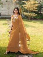 Nikhaar Light Brown Embroidered Art Silk Stitched A Line Kurta Palazzo Dupatta Readymade Suit | Grocsy