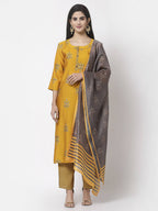 Myshka Mustard Viscose Printed 3/4 Sleeve Round Neck Kurta Pant Dupatta Set | Grocsy