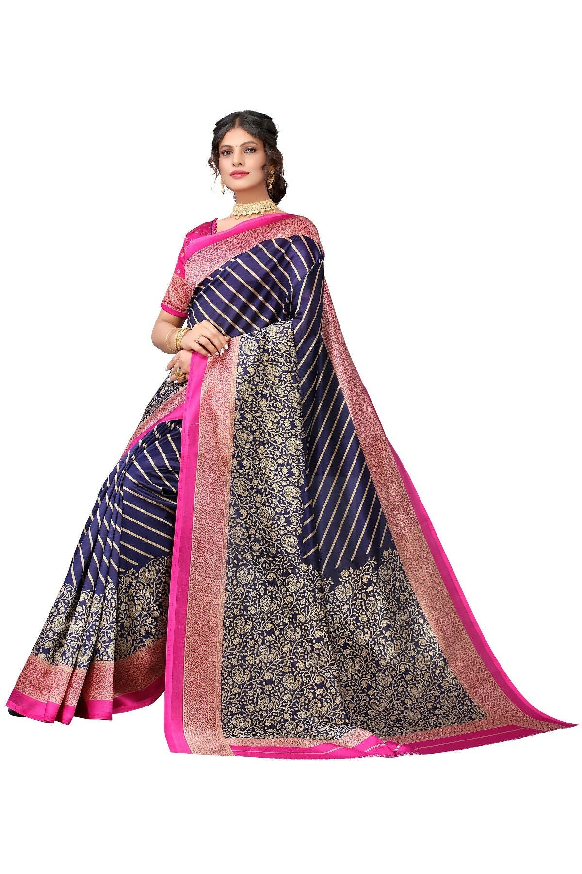 Vamika Navy Blue Printed Art Silk Saree | Grocsy