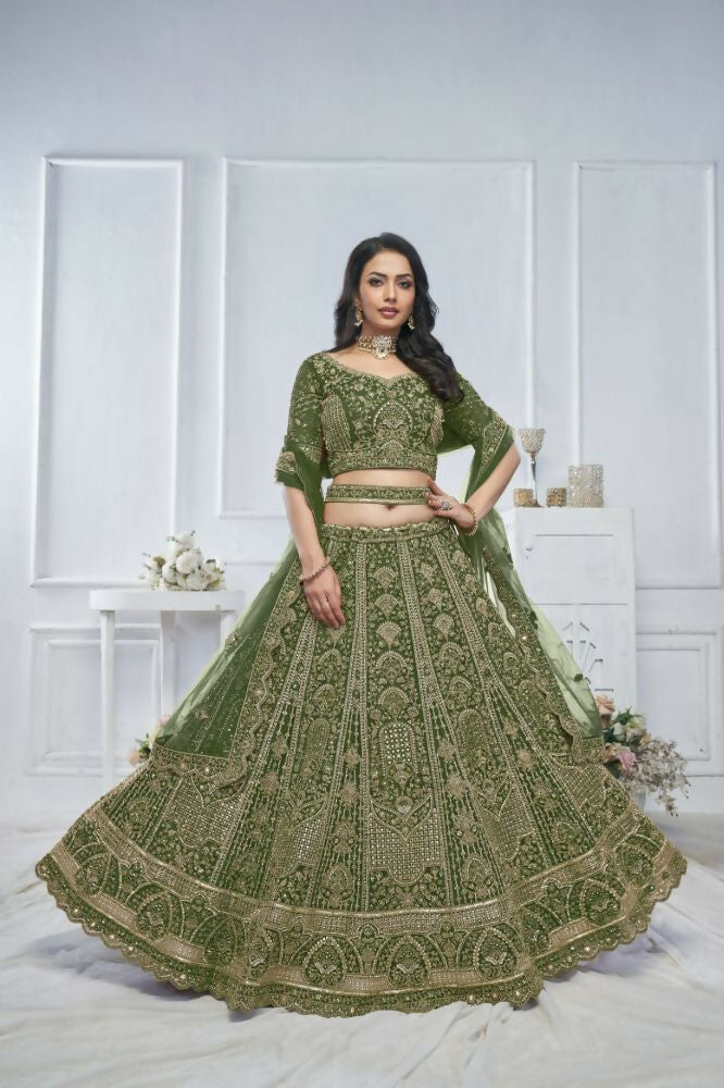 Kesar Fab Green Net Hand_Woven Lehenga | Grocsy