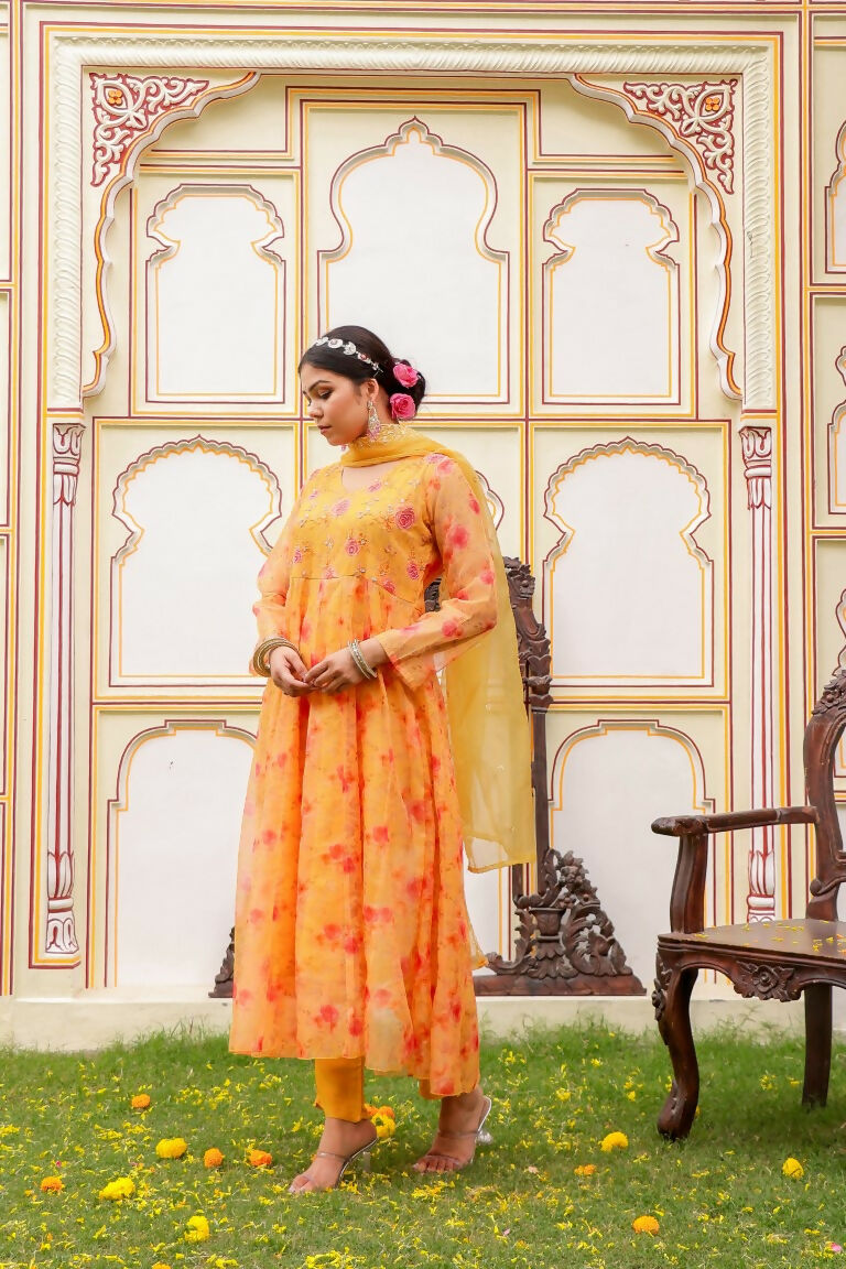 Vaasva Women Yellow Organza Floral Embroidered Anarkali Kurta, Pant & Dupatta set | Grocsy
