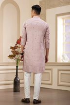 Raivat Ethnic Men's Art Silk Thread Work Kurta Pyjama In Onion Colour | Grocsy