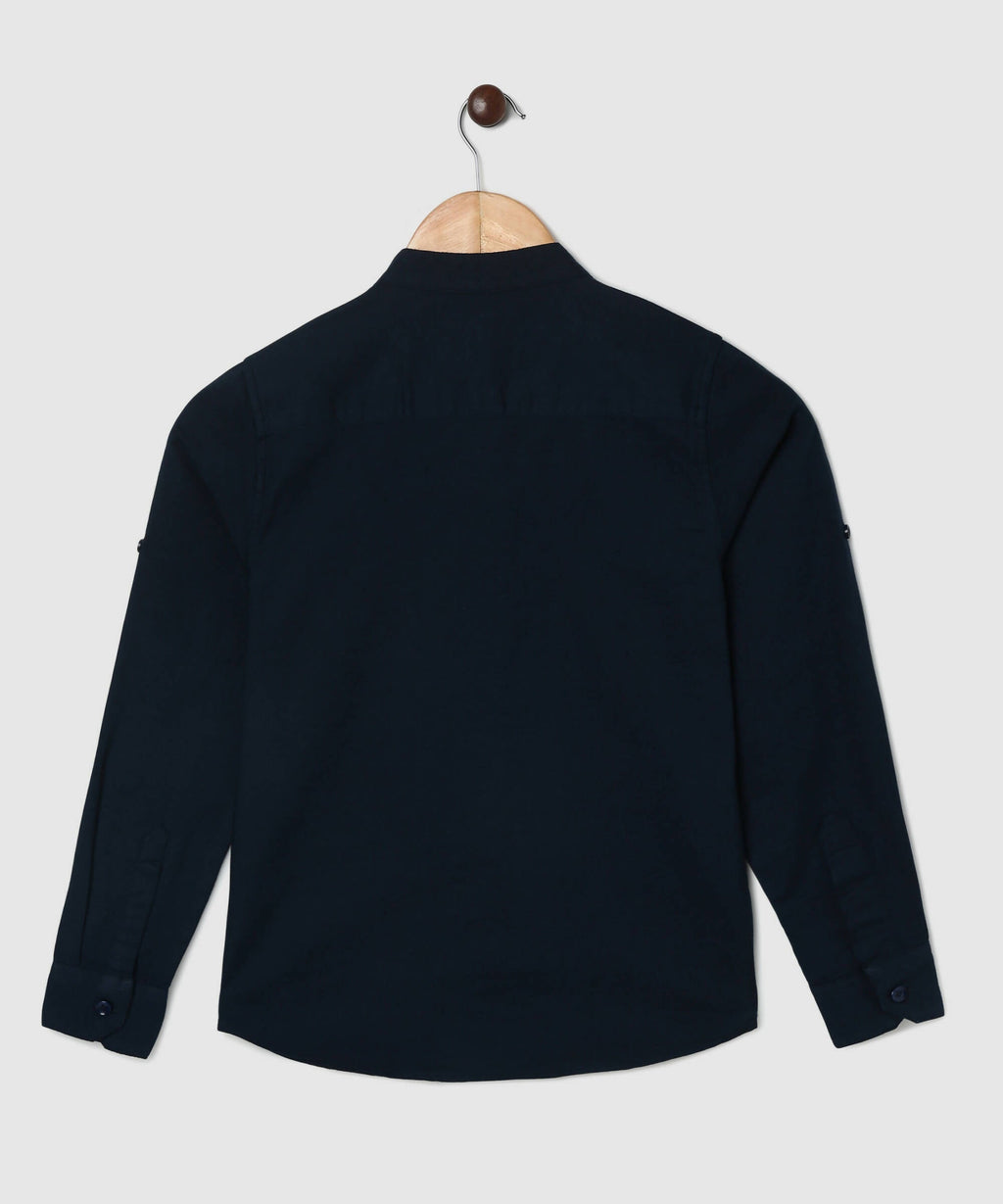 Manet Boys Mandarin Collar Full Sleeves Melange Shirt - Navy Blue | Grocsy