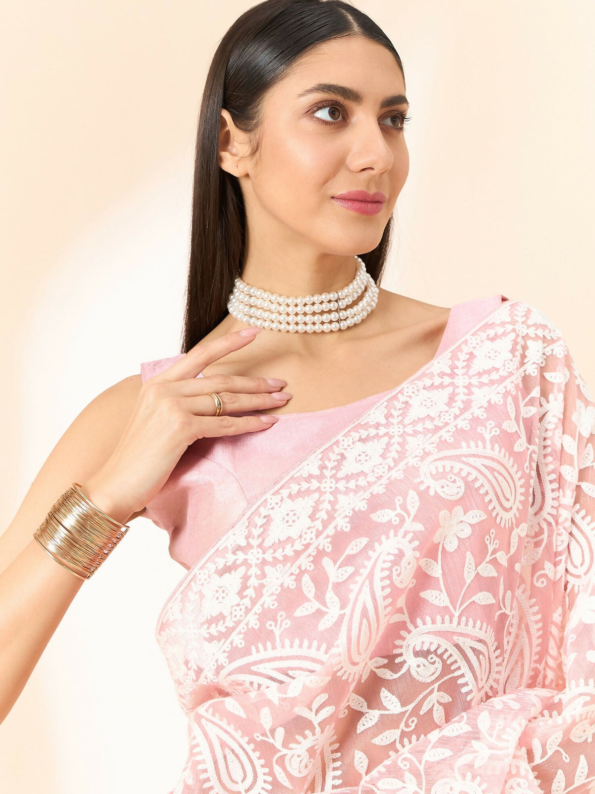 Pink Organza Paisely Embroidered Saree with Unstitched Blouse Piece - Roozal | Grocsy
