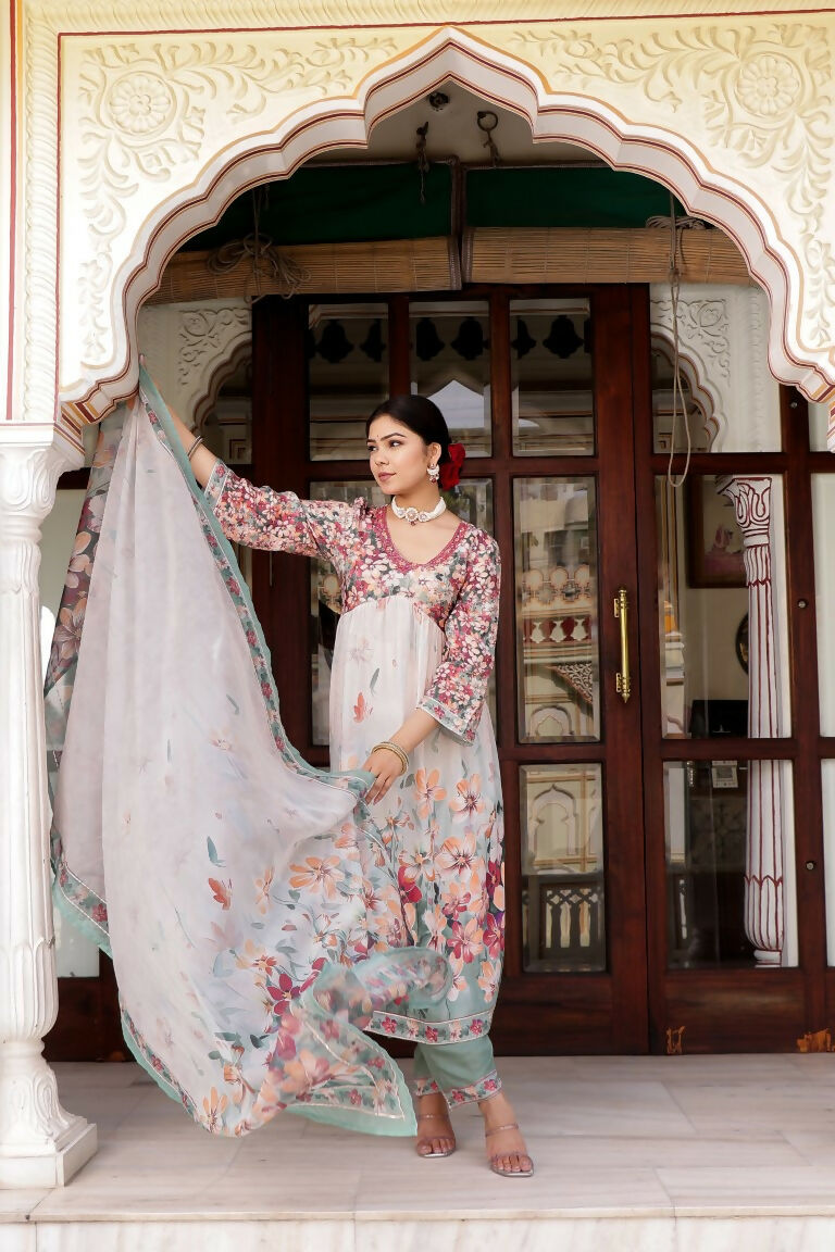Vaasva Women Maroon Muslin Floral Printed Alia Cut Kurta, Pant & Dupatta set | Grocsy
