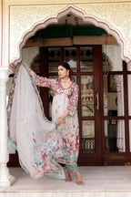 Vaasva Women Maroon Muslin Floral Printed Alia Cut Kurta, Pant & Dupatta set | Grocsy