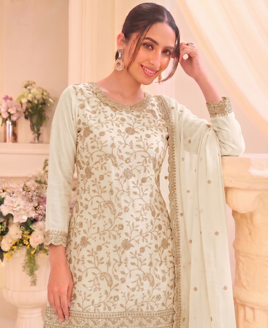 KC White Vichitra Silk Palazzo Suit For Women Festival Wear | Grocsy