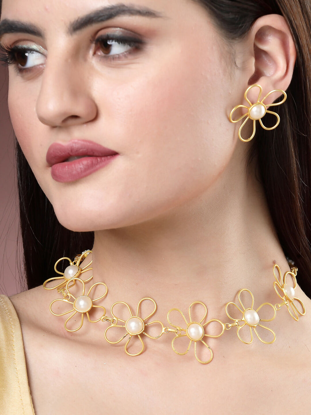NVR Women's Gold Floral Shape Beaded Handcrafted Jewellery Set | Grocsy