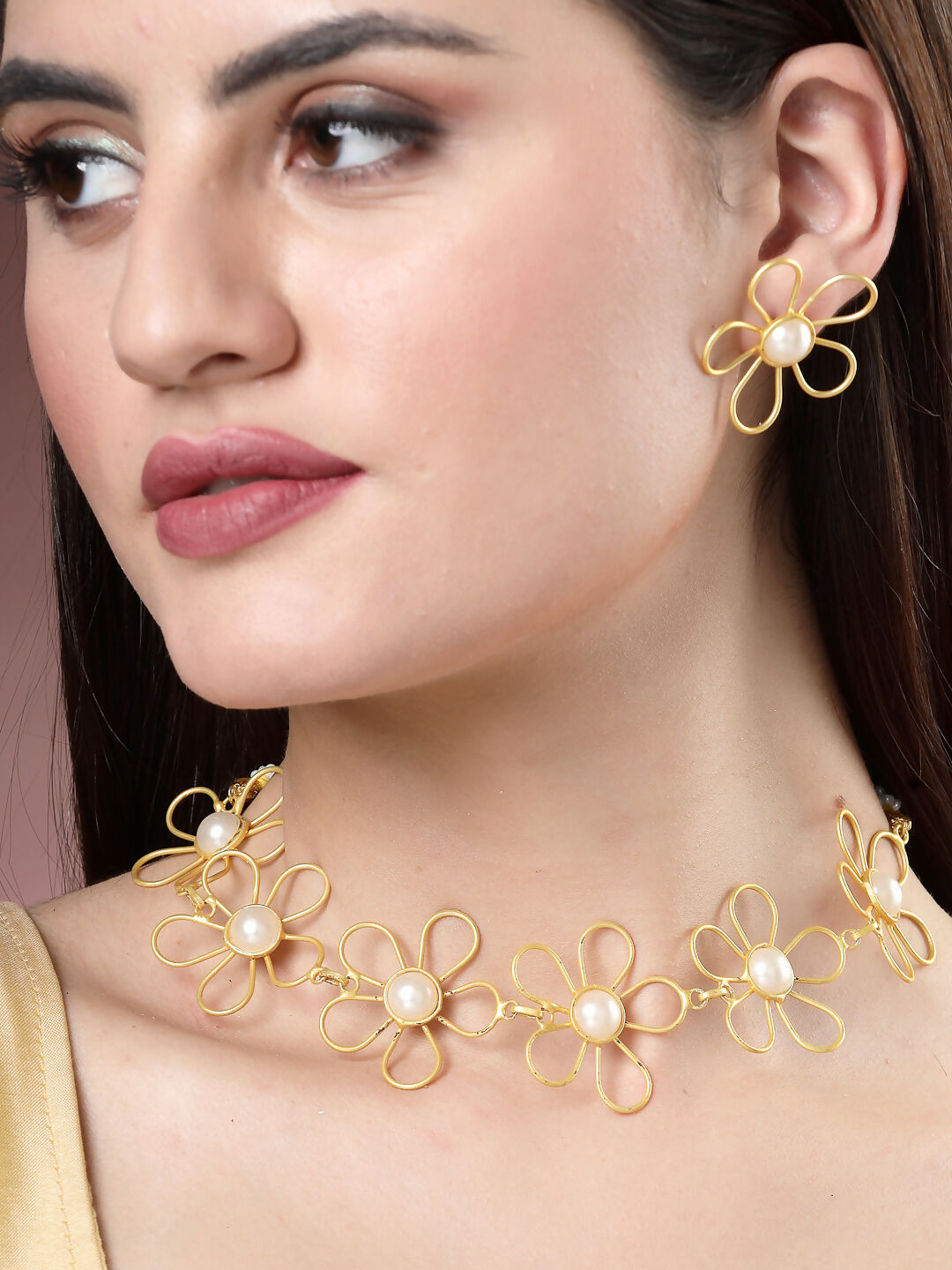 NVR Women's Gold Floral Shape Beaded Handcrafted Jewellery Set | Grocsy