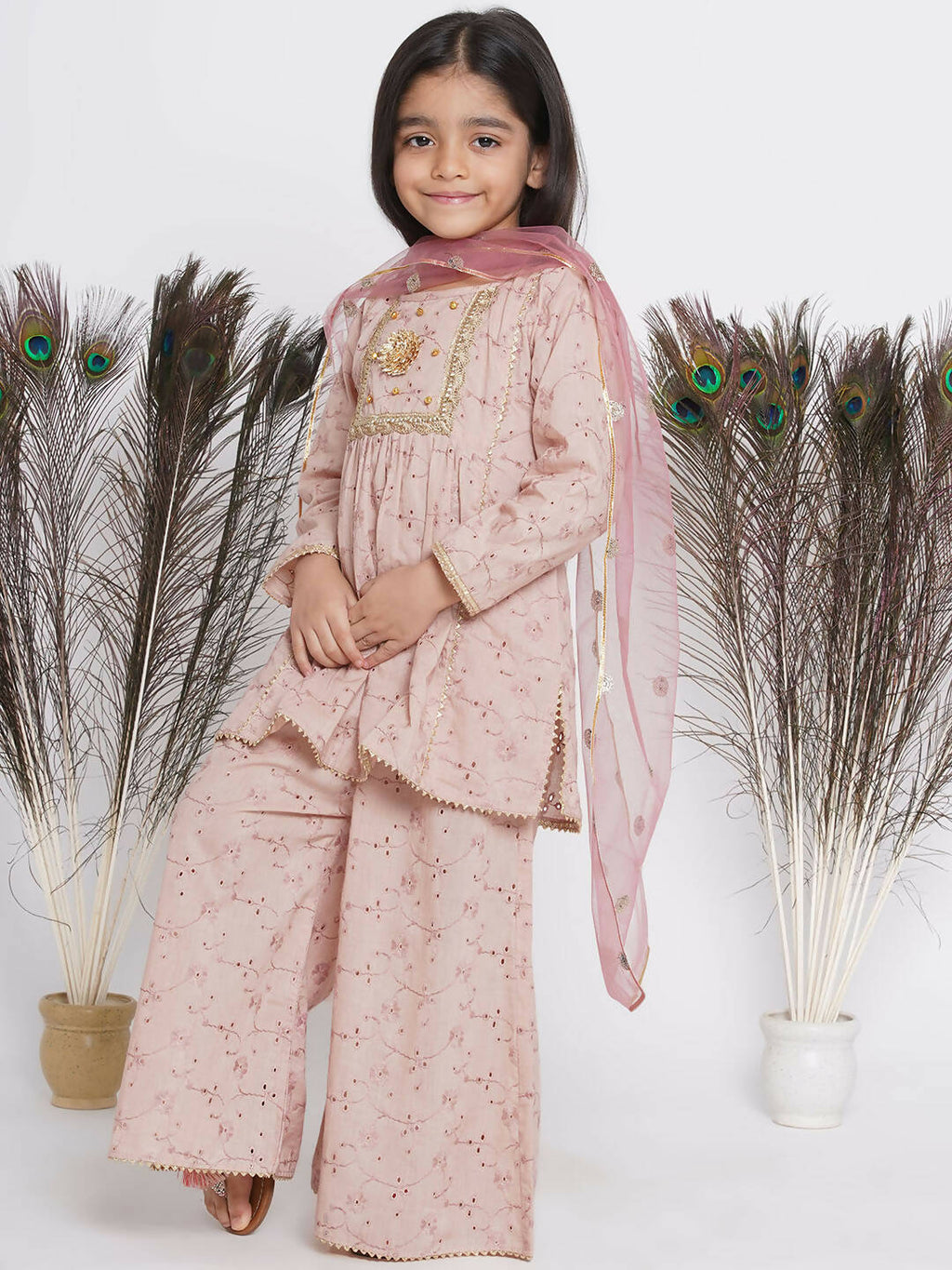 Little Bansi Floral Shiffli Kurta With Plazzo And Dupatta - Brown | Grocsy