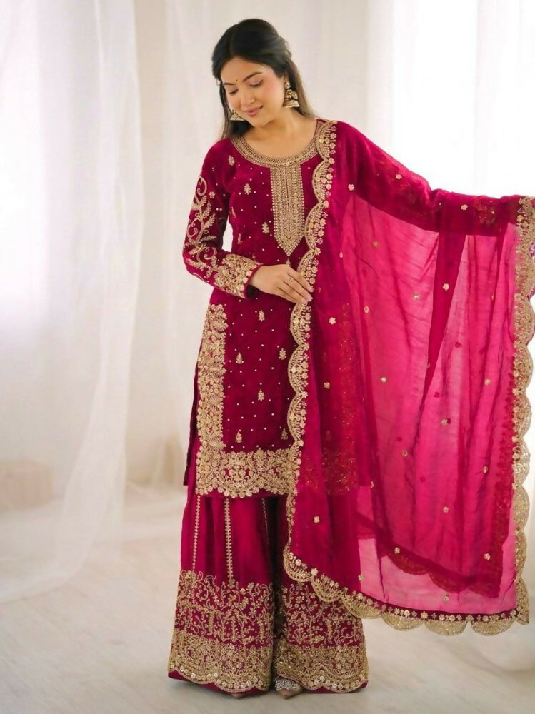 Teeya Creation Rani Color Fendy Silk Embroidery Work Wedding Wear Salwar Suit | Grocsy