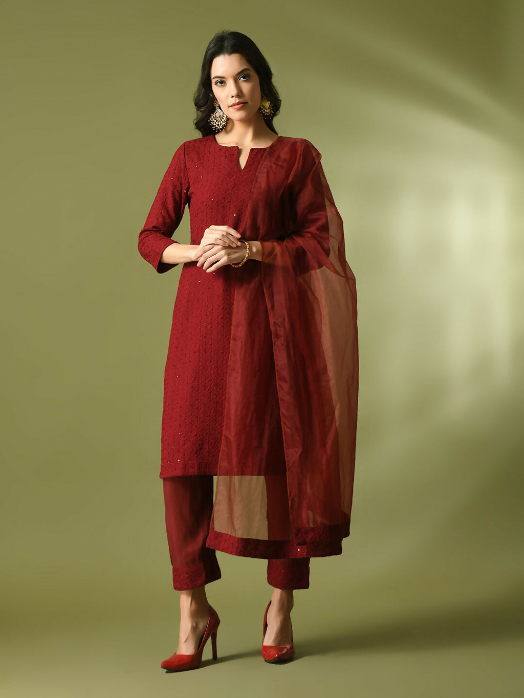 Myshka Women's Maroon Embroidered Cotton Straight Party Kurta Set With Dupatta | Grocsy