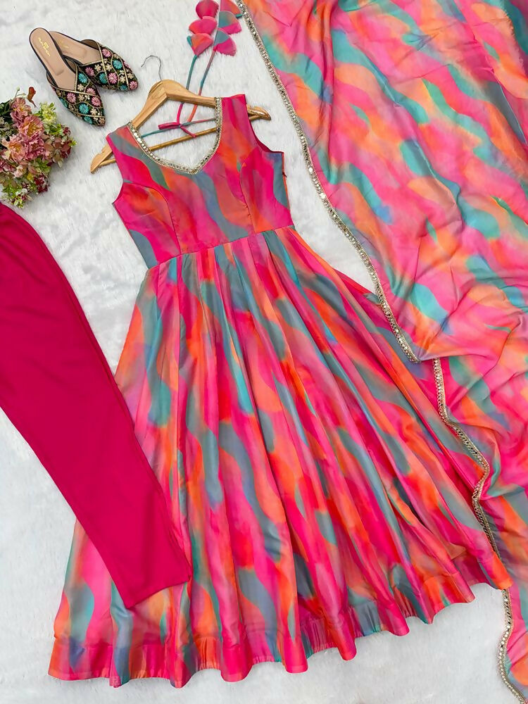 Teeya Creation New Womens Vibrant Multi-Colored Abstract Print Sleeveless Anarkali Suit with Dupatta | Grocsy