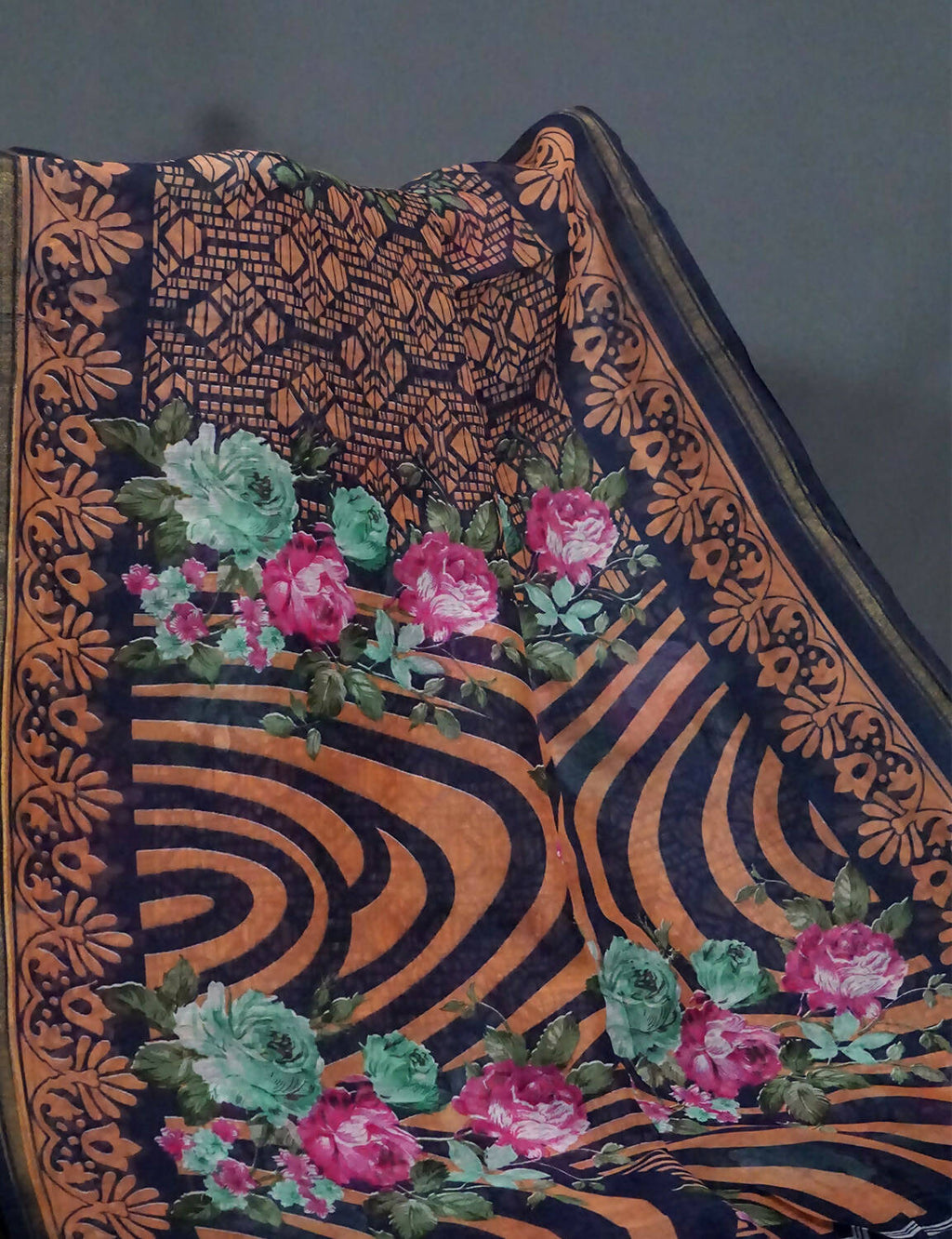 Shades Of Navy Blue Floral Design Semi Chanderi Saree By Gayathri Reddy Designer Studio | Grocsy