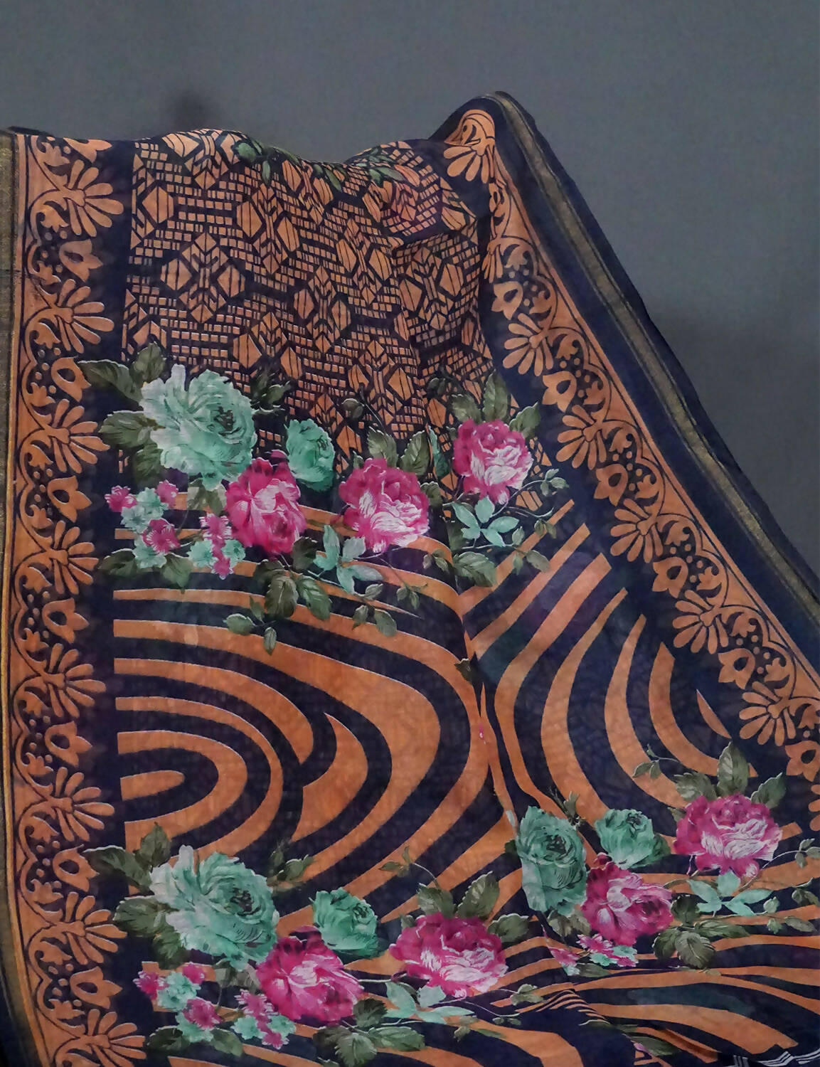 Shades Of Navy Blue Floral Design Semi Chanderi Saree By Gayathri Reddy Designer Studio | Grocsy