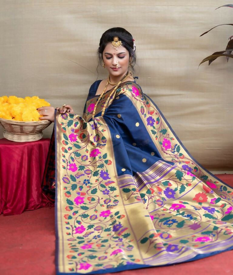 Jyoti Fashion Women's Navy Blue Paithani Silk Zari Woven Saree with Blouse | Grocsy