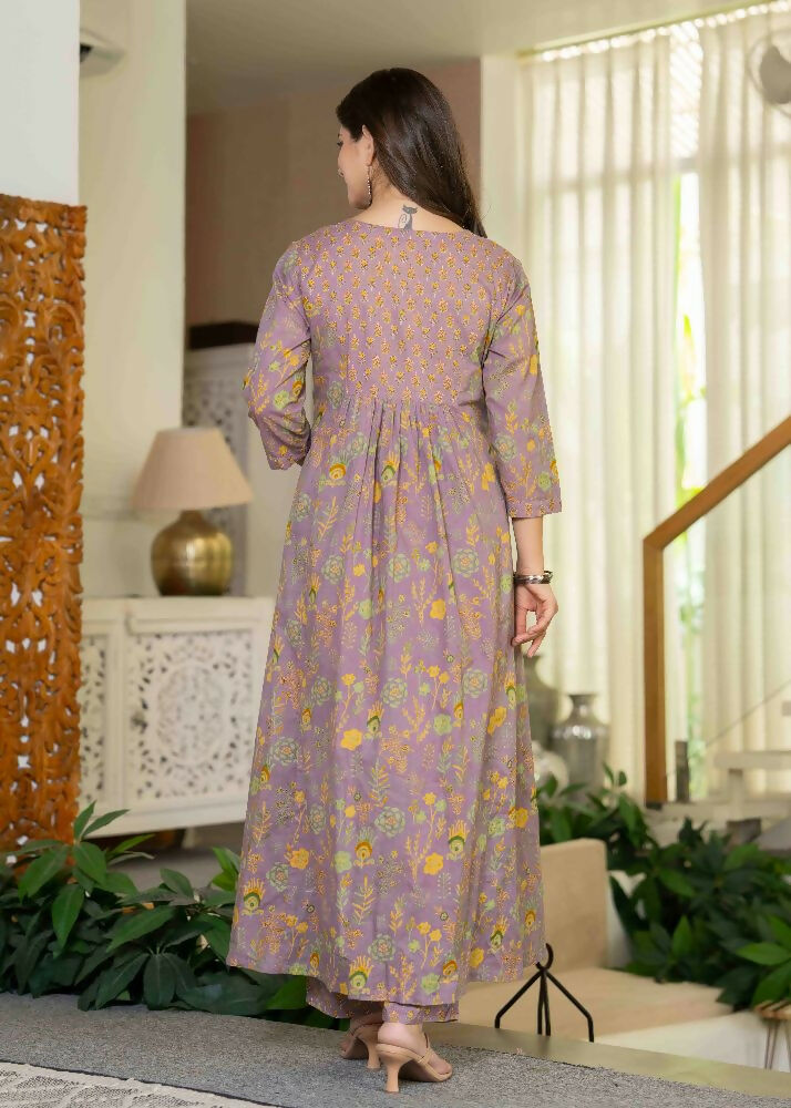 Jaimini Women Cotton Printed Round Neck 3/4 Sleeves Calf Length Flared Kurta Pant And Dupatta Set | Grocsy