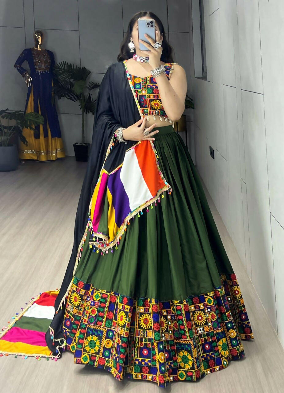 Yash Enterprise Mehndi Rayon Cotton Embroidery Semi Stitched Navratri Chaniya Choli | Grocsy