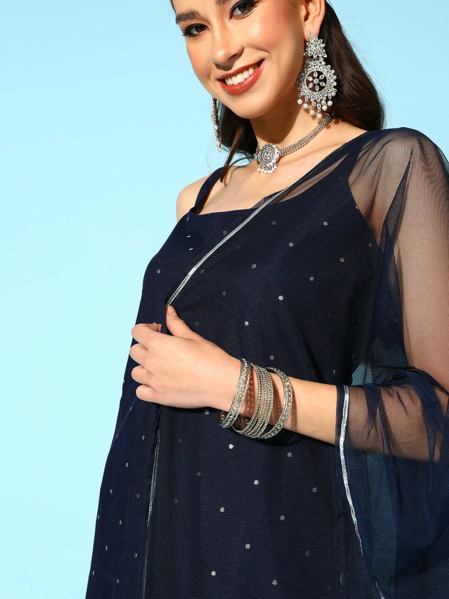 Ahalyaa Women Navy Blue Colour Crepe Foil Printed Kurta Sharara Set With Dupatta | Grocsy