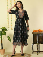 Myshka Women's Black Printed Cotton Party Dress | Grocsy